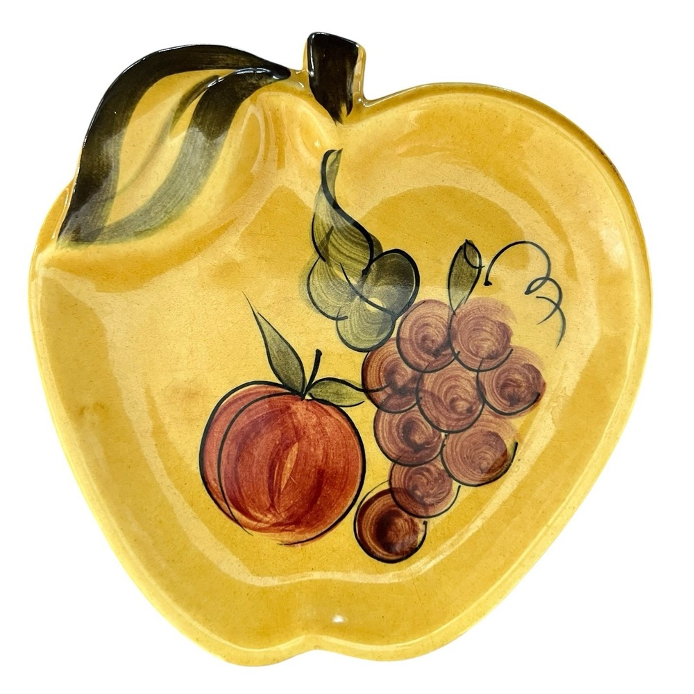 Vintage 1964 Los Angeles Potteries Apple Dish Hand Painted Fruit and Leaf Design